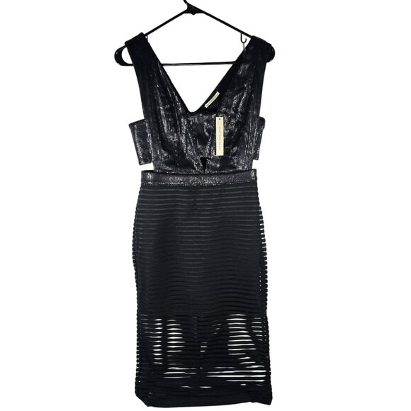 Mustard Seed NWT Cut Out Sequin Sheer Panel Midi Dress Women's Size M Black - Picture 2 of 16